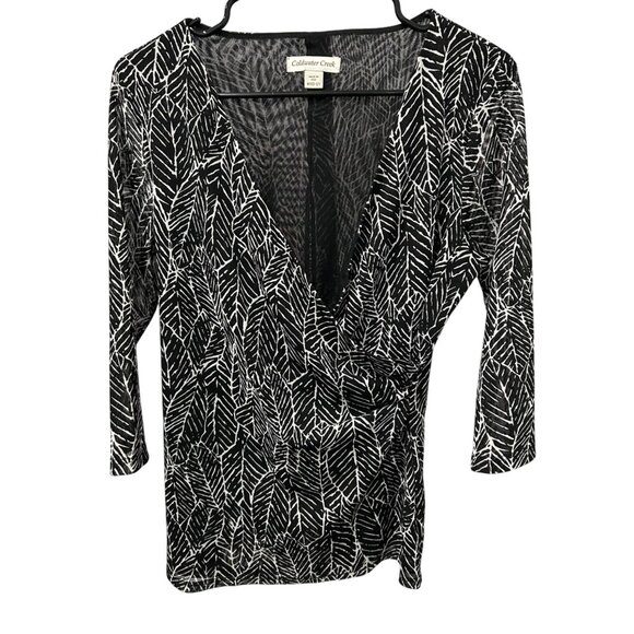 Coldwater Creek Womens Black White Leaf Print Wrap Top Sz Medium - Picture 1 of 9